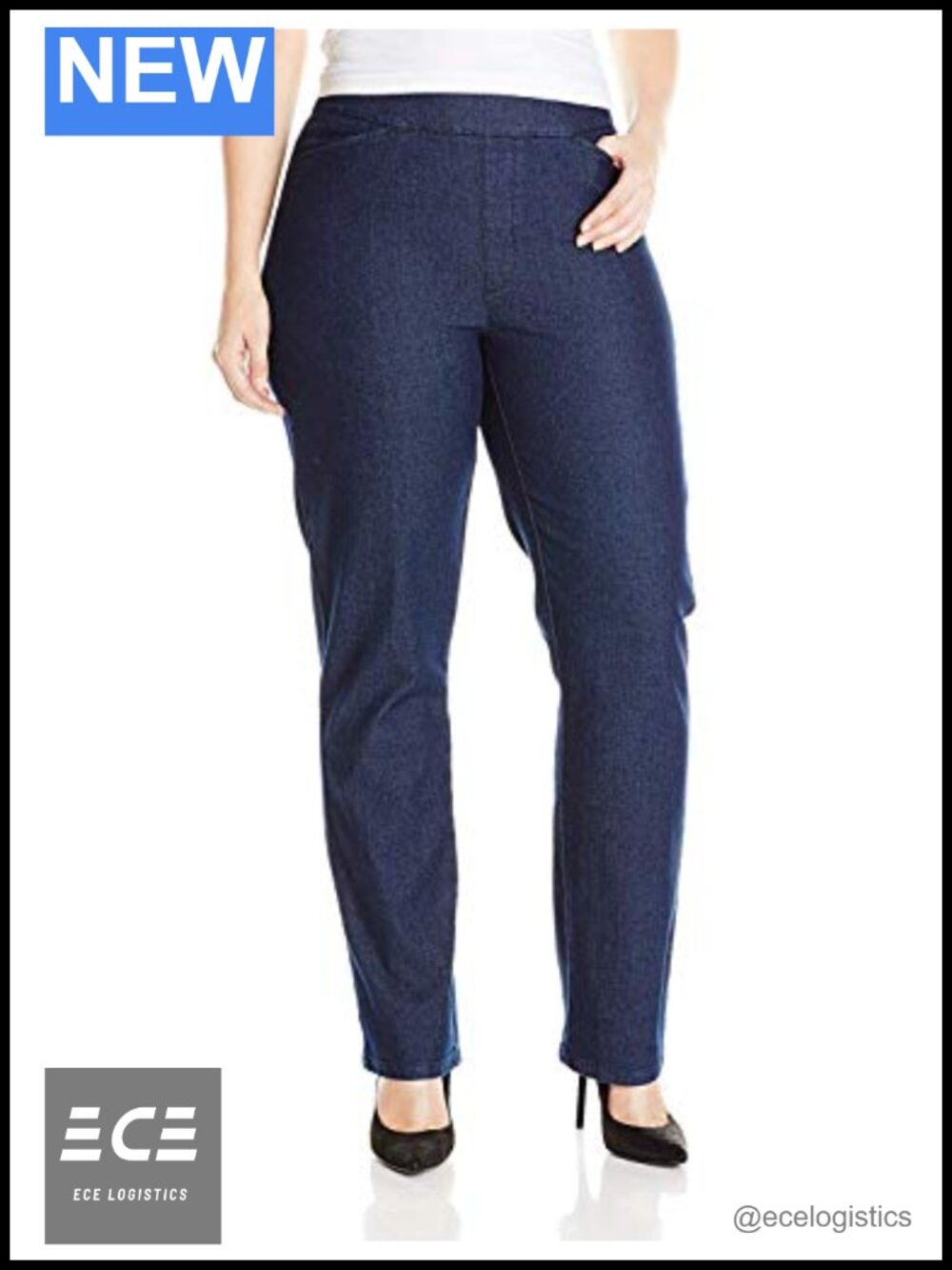 Pull-On Elastic Waist Straight Leg Mid Rise Jeans Stretch Denim Pants